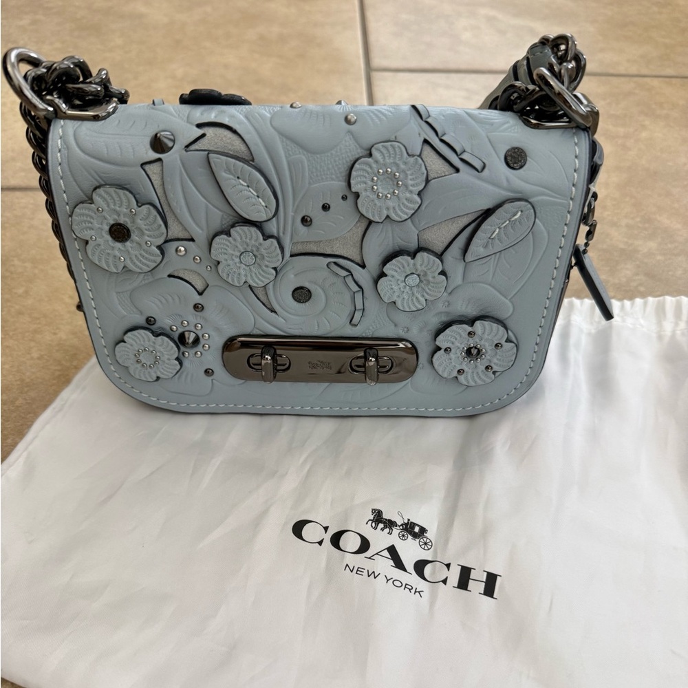 COACH Floral Embellished Blue Shoulder/ Crossbody purse - Picture 4 of 14
